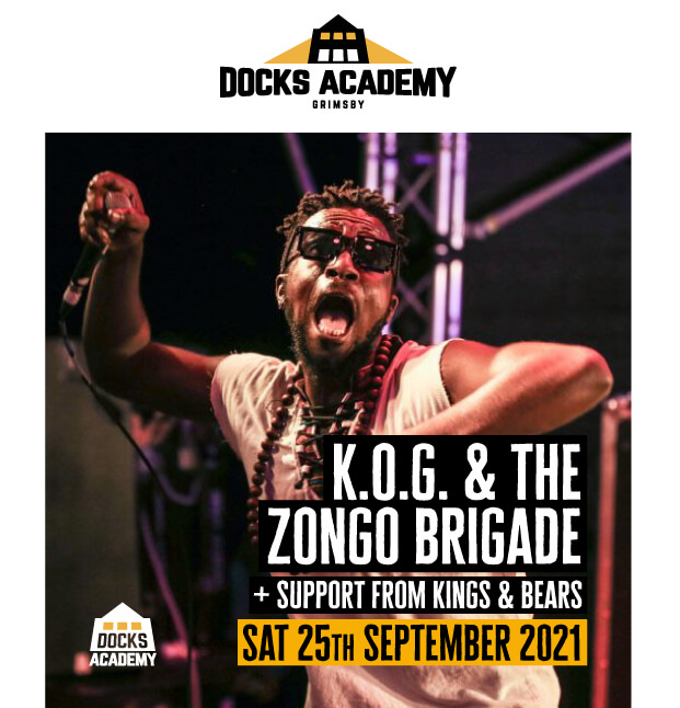 Docks Academy event banner for K.O.G and the Zongo Brigade