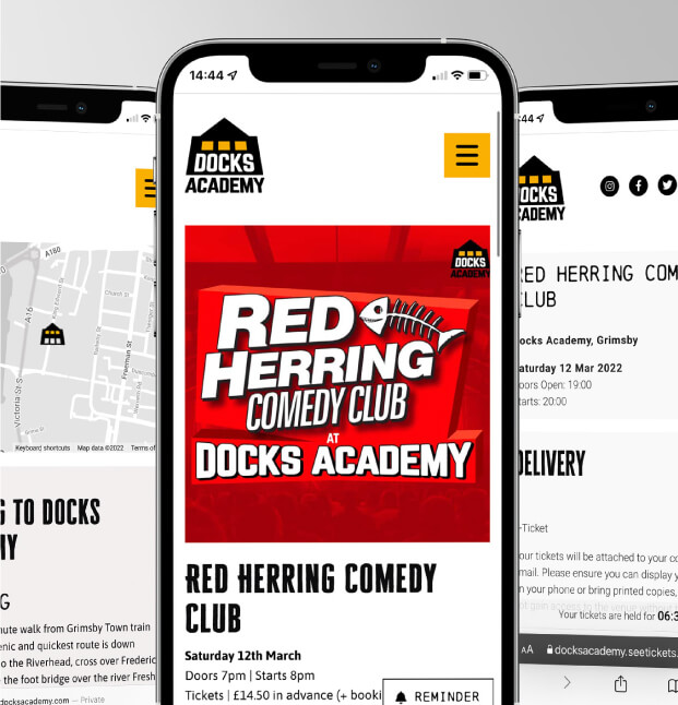 Docks Academy Events website shown on a mobile phone