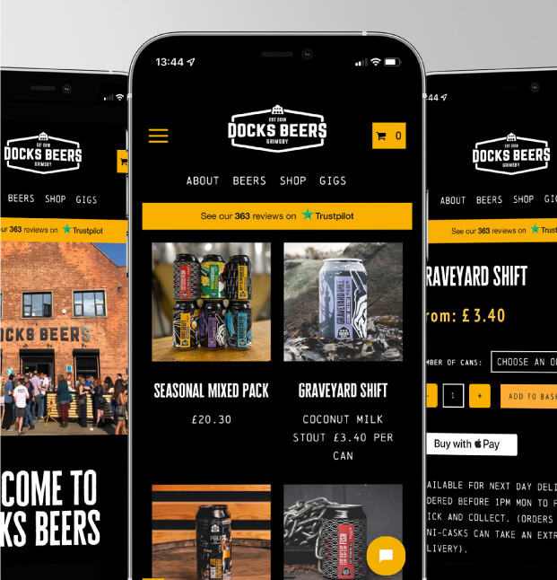 Docks Beers website shown on a mobile phone