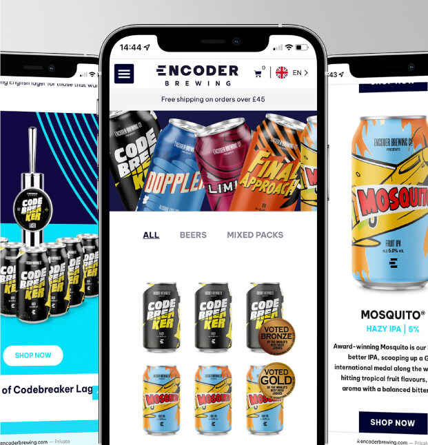Encoder Brewing website shown on mobile phone