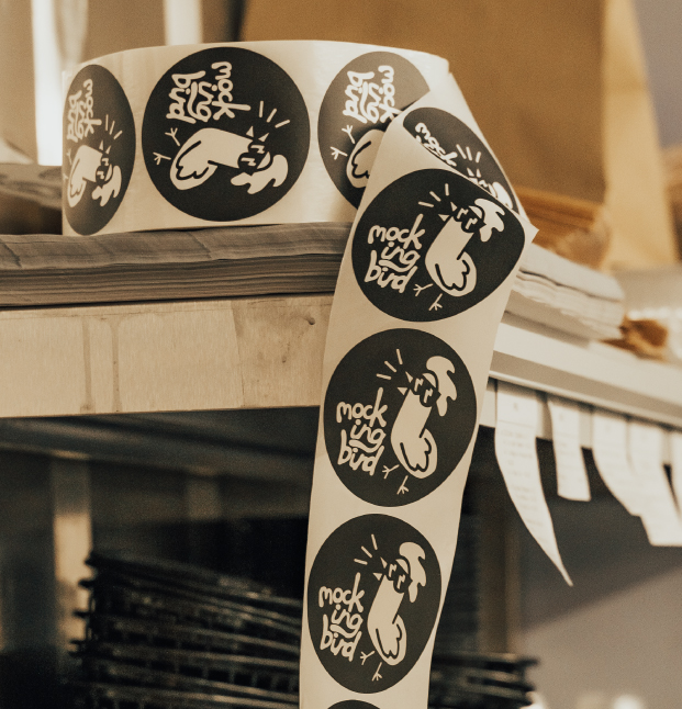 Mockingbird Streetfood stickers for product packaging