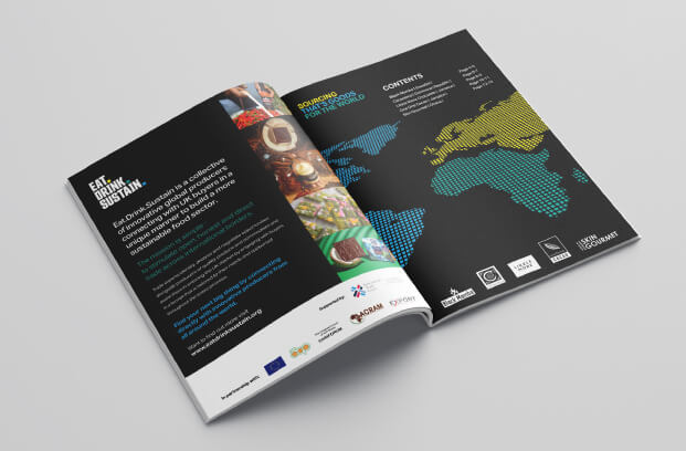 Eat Drink Sustain brochure shown on grey background - Sourcing map and company bio