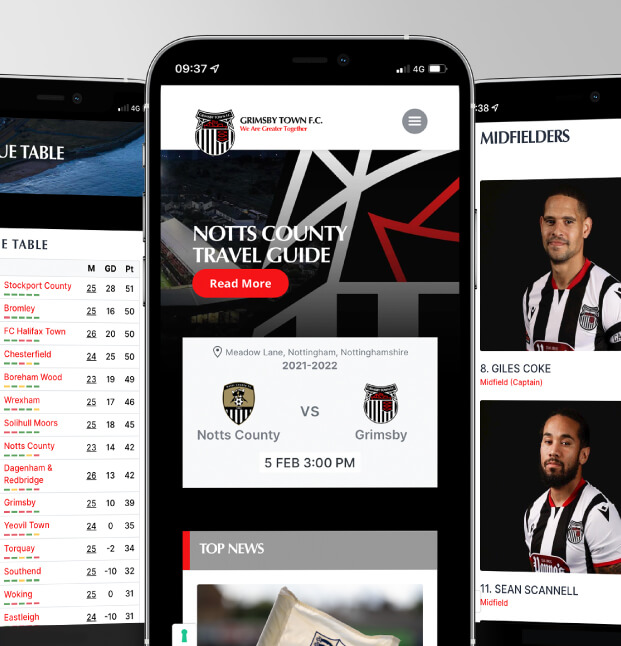 Grimsby Town Football Club website shown on a mobile phone