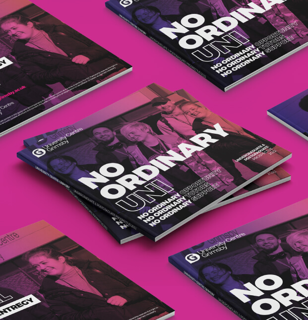 University Centre Grimsby (UCG / GIPHE) brochure shown on a pink background - 621x646px