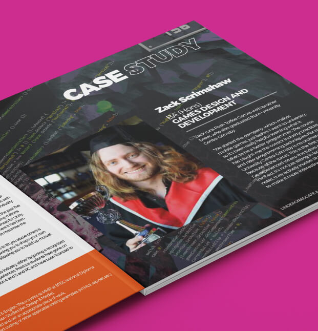 University Centre Grimsby (UCG / GIPHE) brochure shown open on pink background - 621x646px