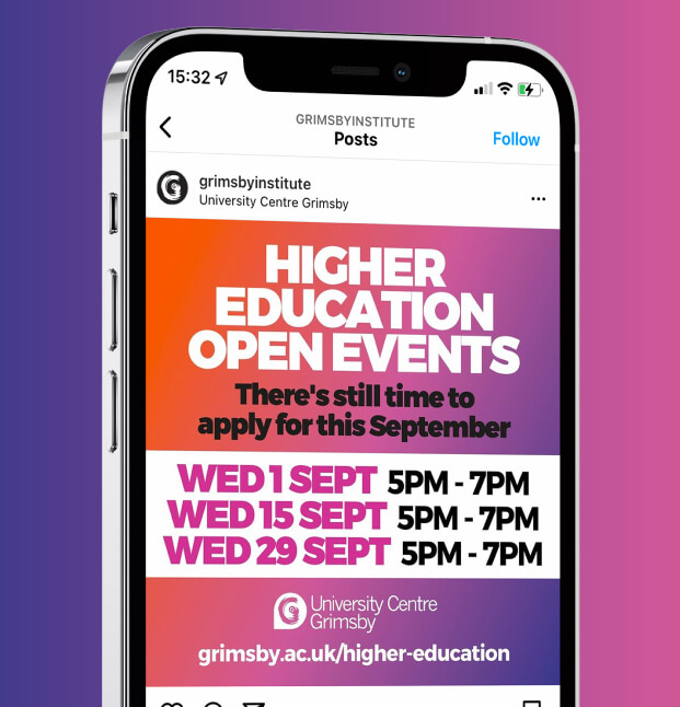 University Centre Grimsby (UCG / GIPHE) social media advertising shown on a mobile phone