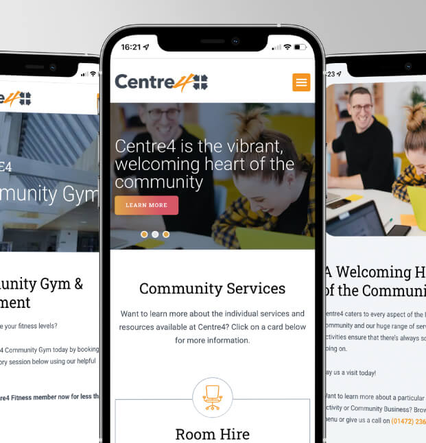 Centre4 website shown on a mobile phone - 621x646px