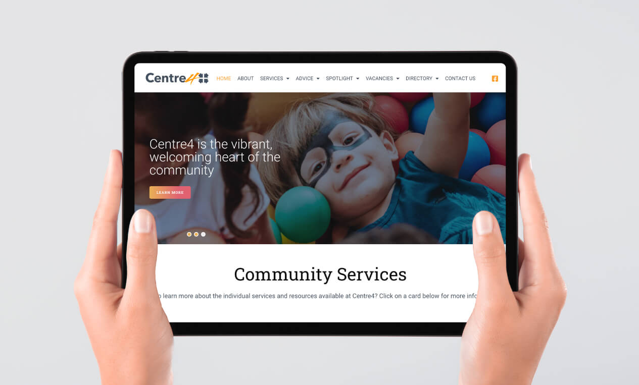 Centre4 website shown on a tablet - 1265x763px