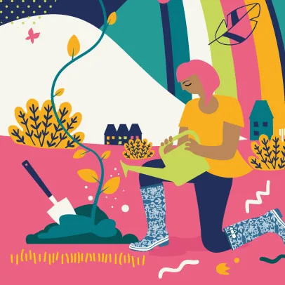 Evercreatures animation woman in wellies watering a plant with a watering can