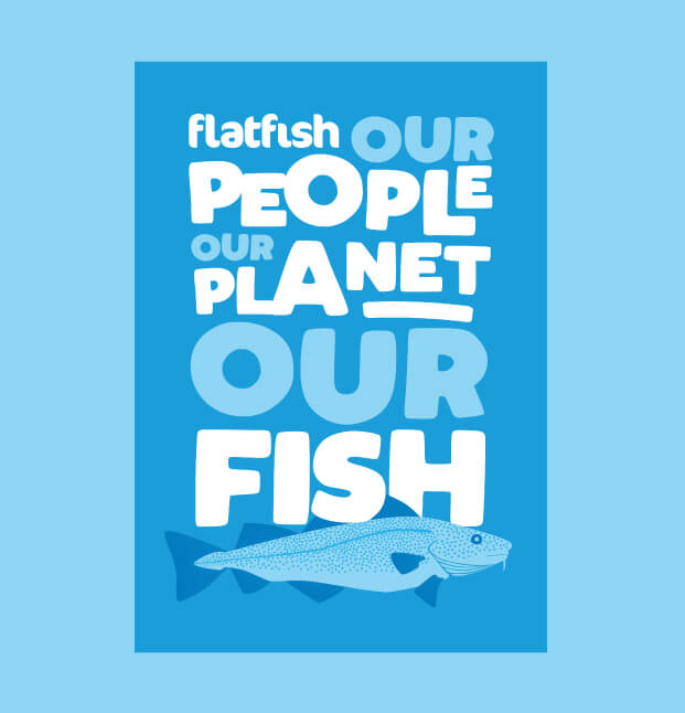 Flatfish logo and tag line on a light and dark blue background
