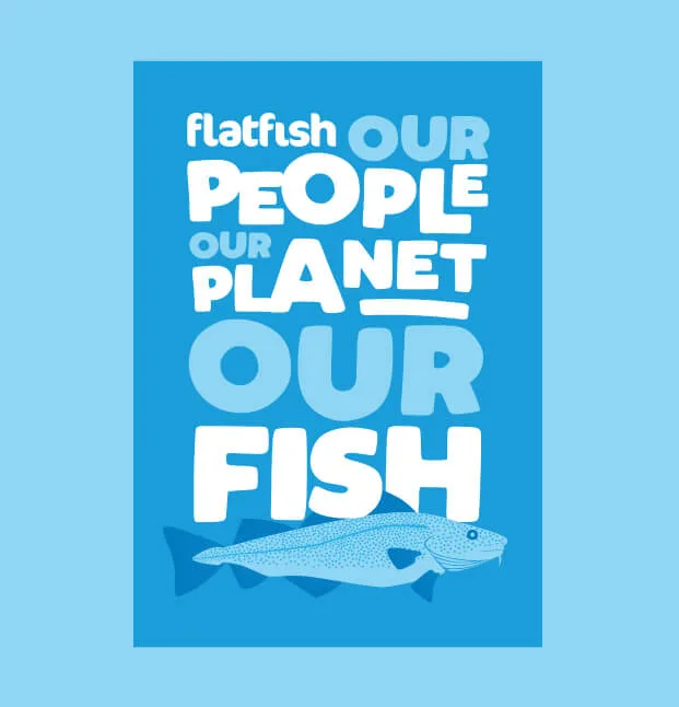 Flatfish logo and tag line on a light and dark blue background