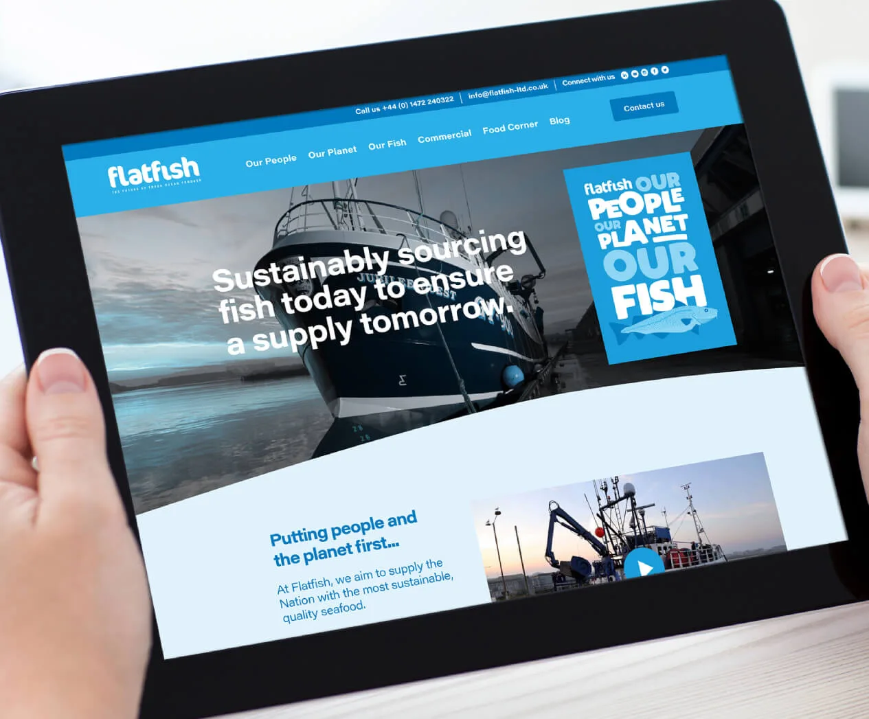 Flatfish website shown landscape on a tablet to demonstrate responsive layouts