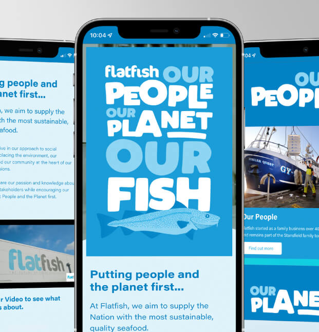 Flatfish website shown on a mobile phone to demonstrate responsive layouts
