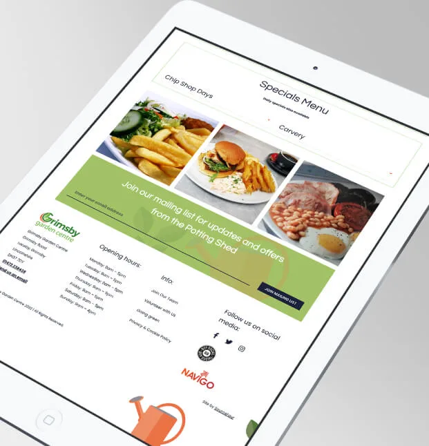 Grimsby Garden Centre cafe specials menu shown on tablet