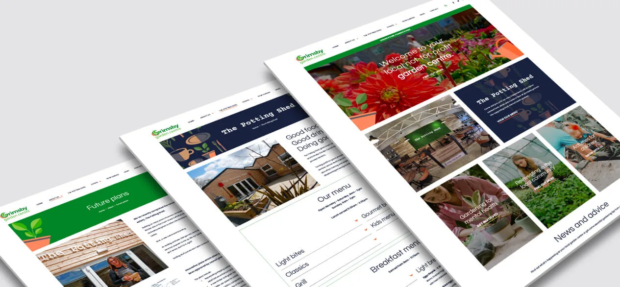Grimsby Garden Centre website pages shown on a grey background