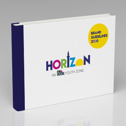 Horizon Youth Zone brand guidelines book shown on grey background