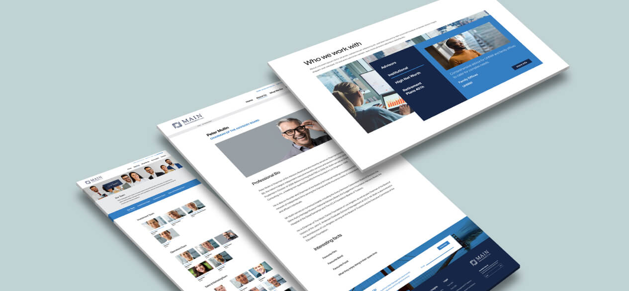 Main Management LLC website shown on grey / blue background