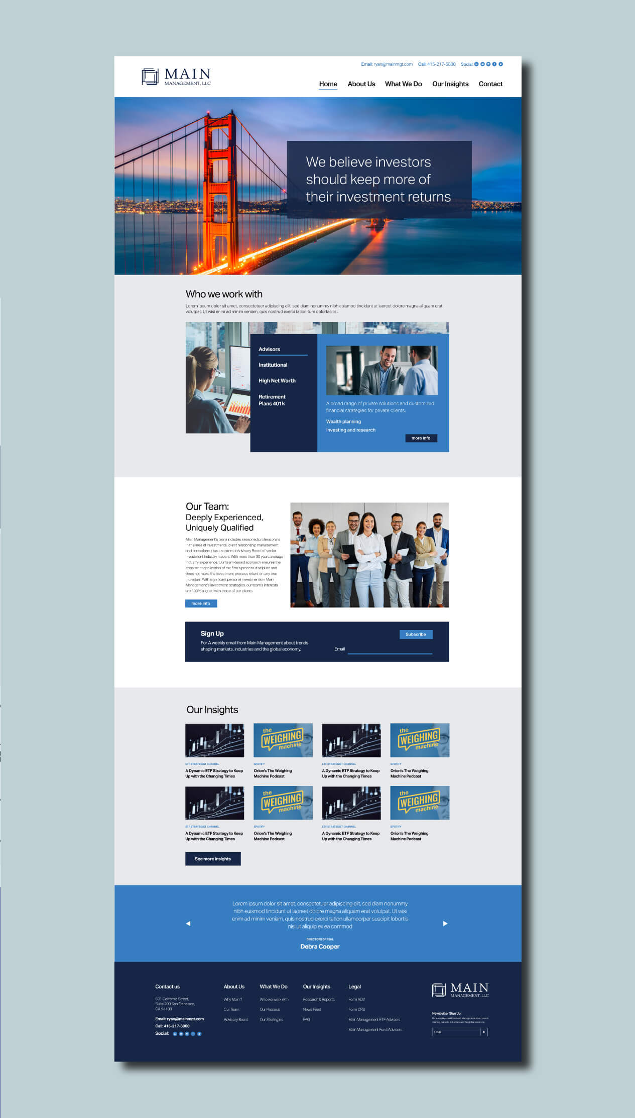 Main Management LLC website homepage shown on a teal background (full length)