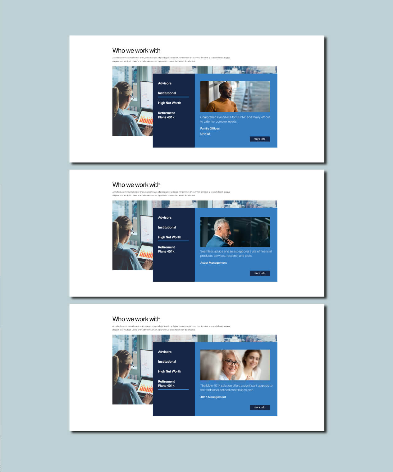Main Management LLC website pages shown on a teal background