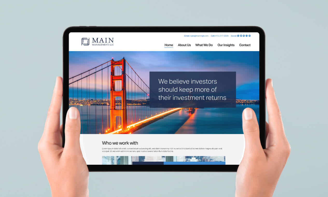 Main Management LLC website shown on a tablet - teal background