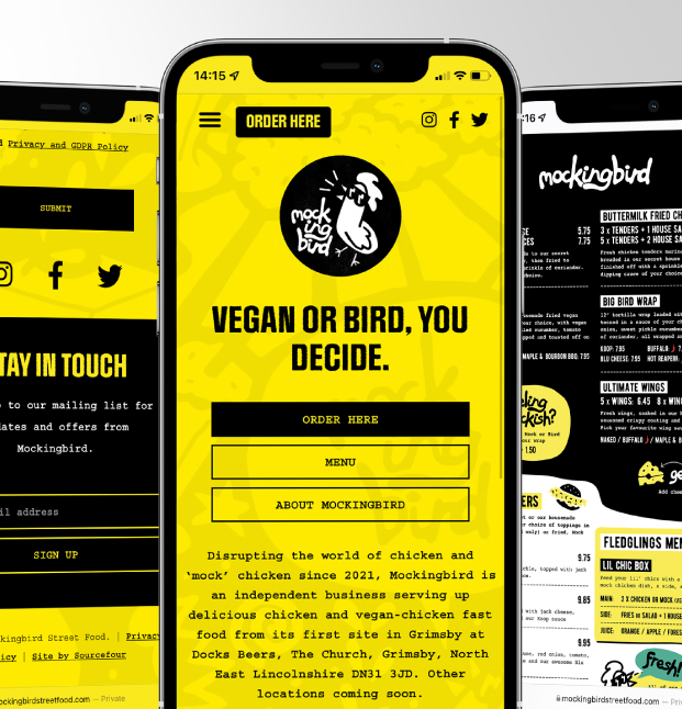Mockingbird Streetfood menu and website shown on an iPhone 12