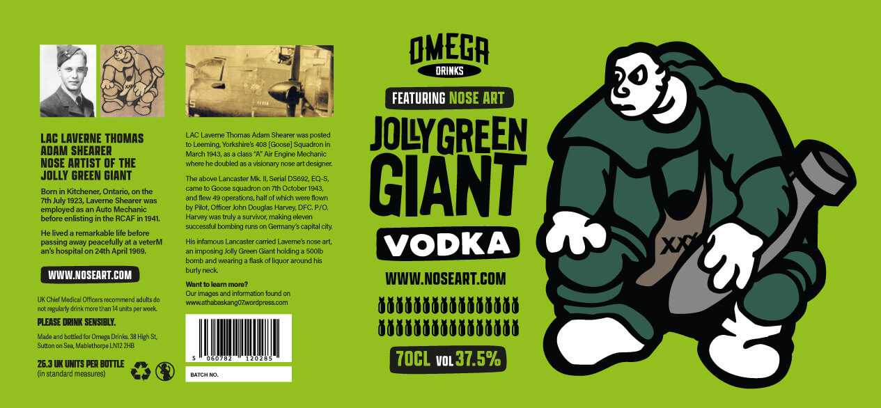 Jolly Green Giant bottle label for Omega Drinks Nose Art range