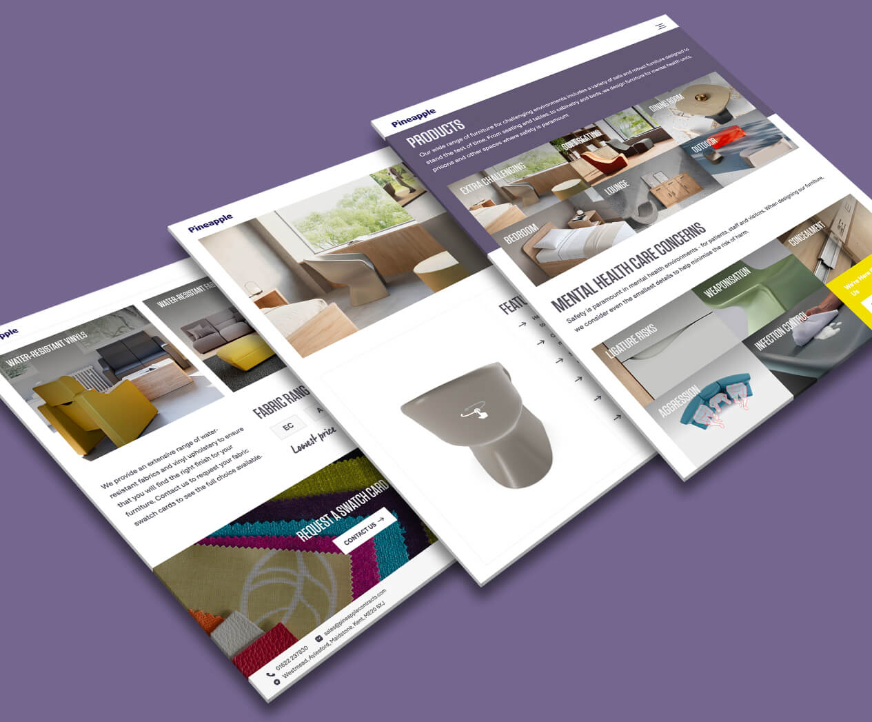 pages from the Pineapple Furniture website shown on a purple background - square