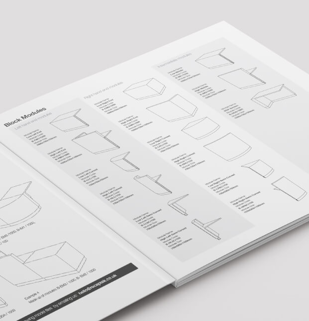 Receptek furniture brochure open on block modules page