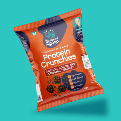 Seaweed Agogo protein crunchies on light blue background - 406x406px