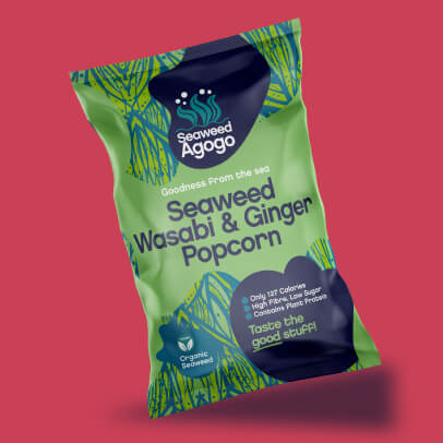 Seaweed Agogo wasabi and ginger popcorn on red background - 406x406px