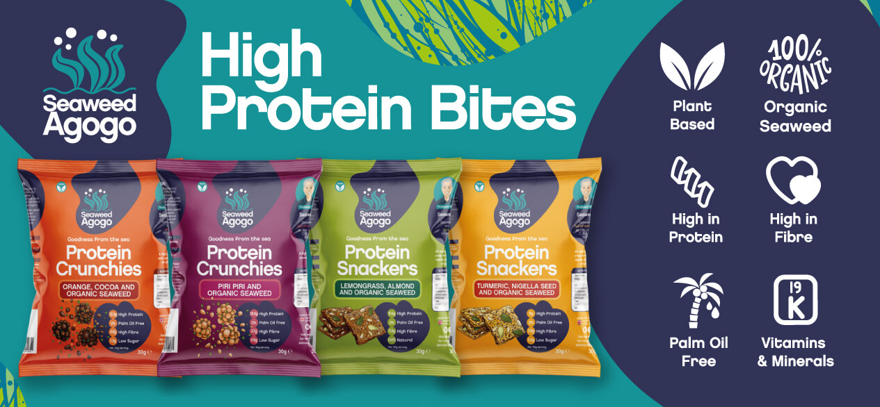 Seaweed Agogo protein snacks shown on banner with touchpoints