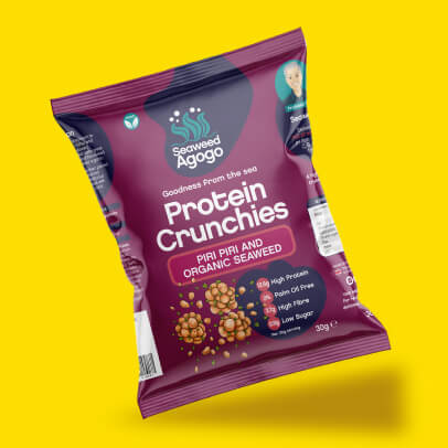 Seaweed Agogo Protein Crunchies featured image shown on a yellow background - 406x406px