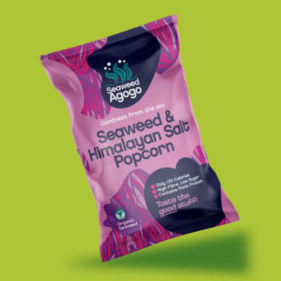 Seaweed Agogo Popcorn featured image shown on a green background - 406x406px
