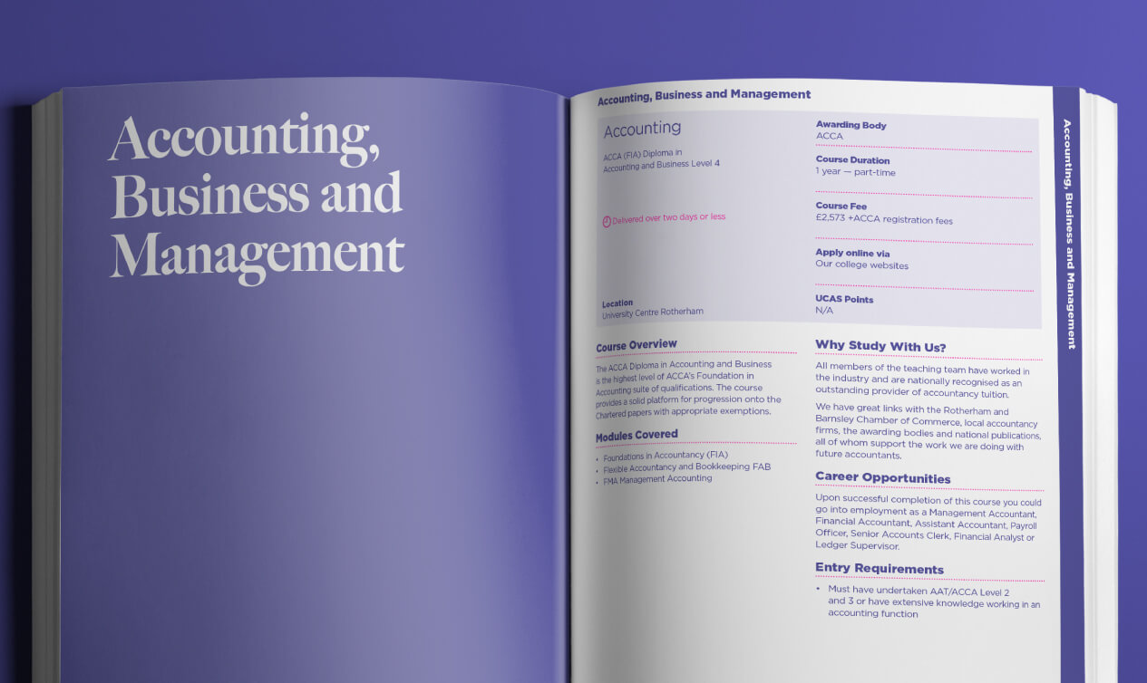 Rotherham College Prospectus open on Accounting & Business Management page
