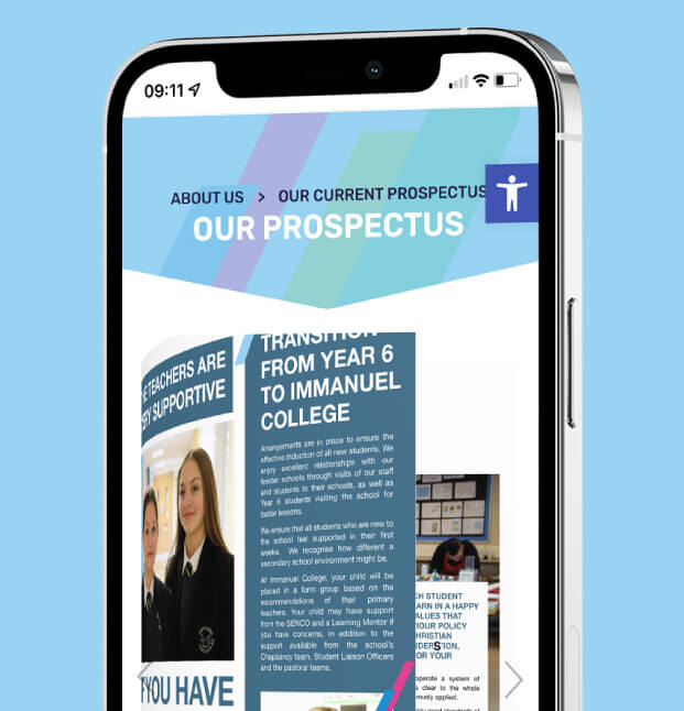 Immanuel College website shown portrait on a mobile phone