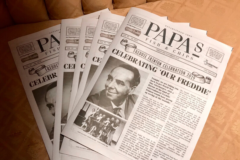 Printed Papas newspaper menus designed by Sourcefour for the Freddie Frinton Project celebration evening