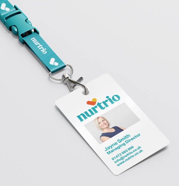 Nurtrio lanyard and ID card with full colour branding