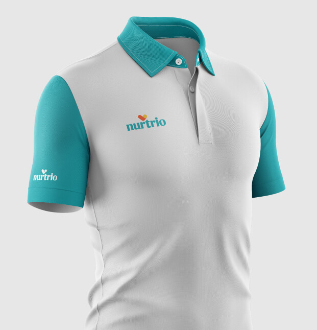 Nurtrio logo branding on a polo shirt in brand colours