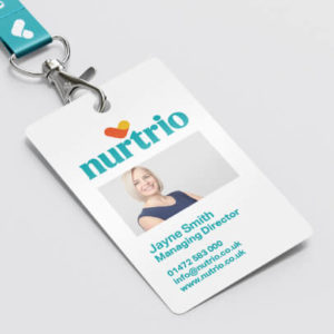 Nurtrio logo shown on ID card with branded lanyard