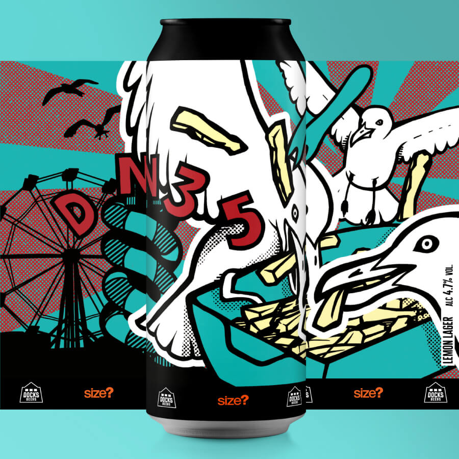 Docks Beers x size? "DN35" craft beer can illustration by Sourcefour's Kirk
