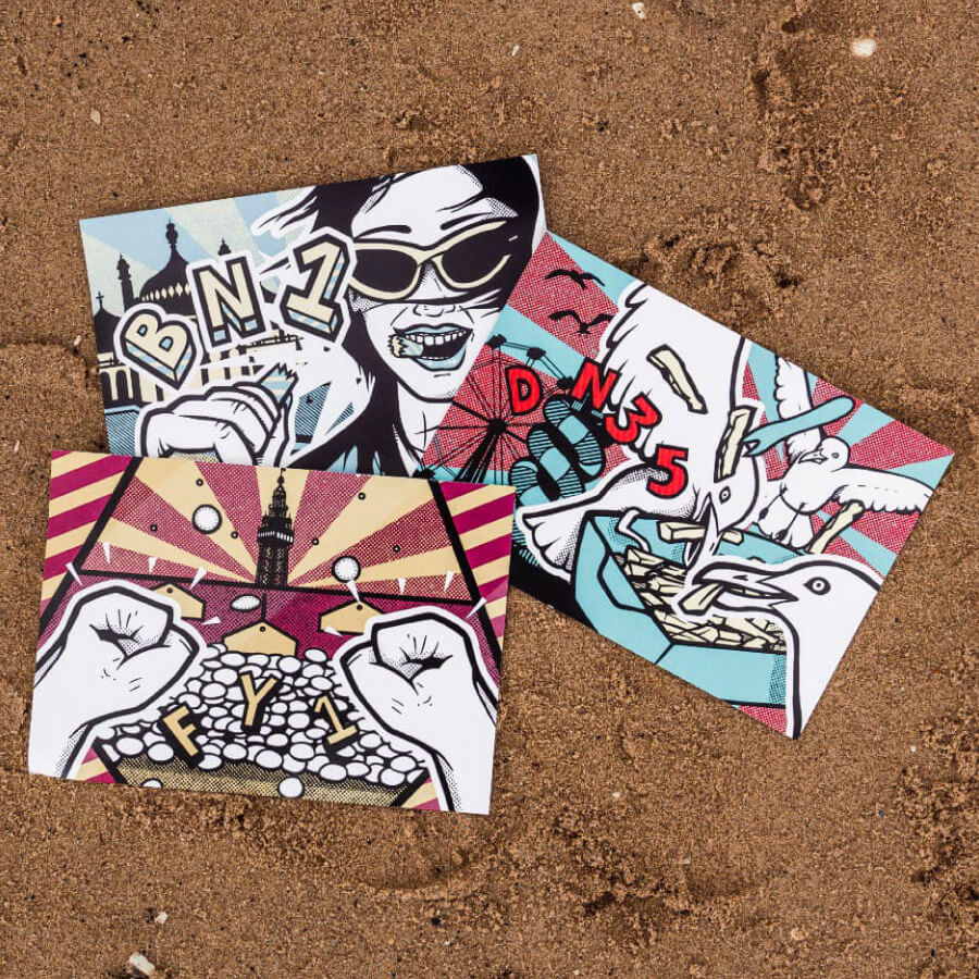 Three postcards displaying Kirk's illustrations for the Docks Beers x size? Seaside Gift Box