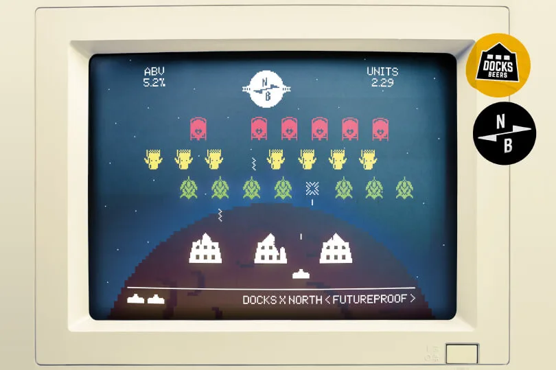 Docks Beers x North Brewing Co Space Invaders inspired can artwork