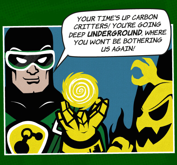 A comic strip featuring a Green Lantern using the Carbon Catcher Project to capture a Yellow Ball.