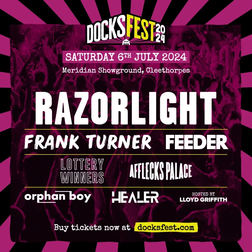 A social media post showing the Docksfest line-up featuring Frank Turner and Razorlight.