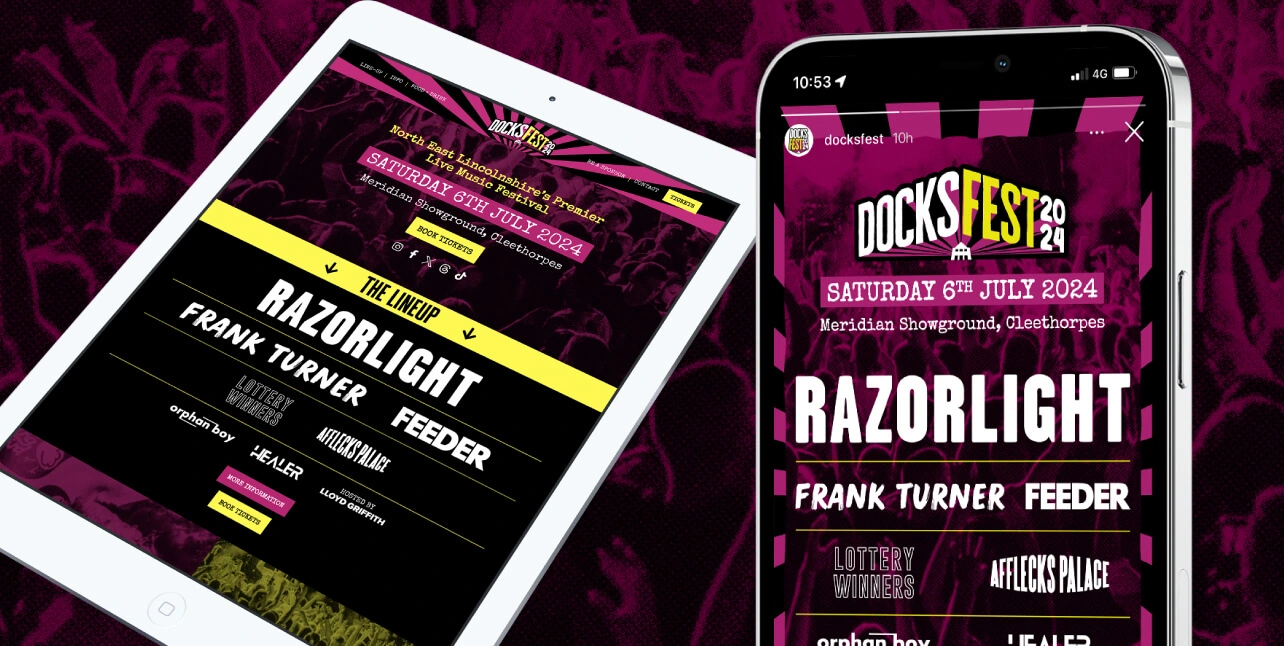 A Tablet and mobile phone displaying the website for Docksfest and an Instagram story post.