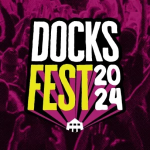 The Docksfest logo over a background of festival-goers on a vibrant purple background.