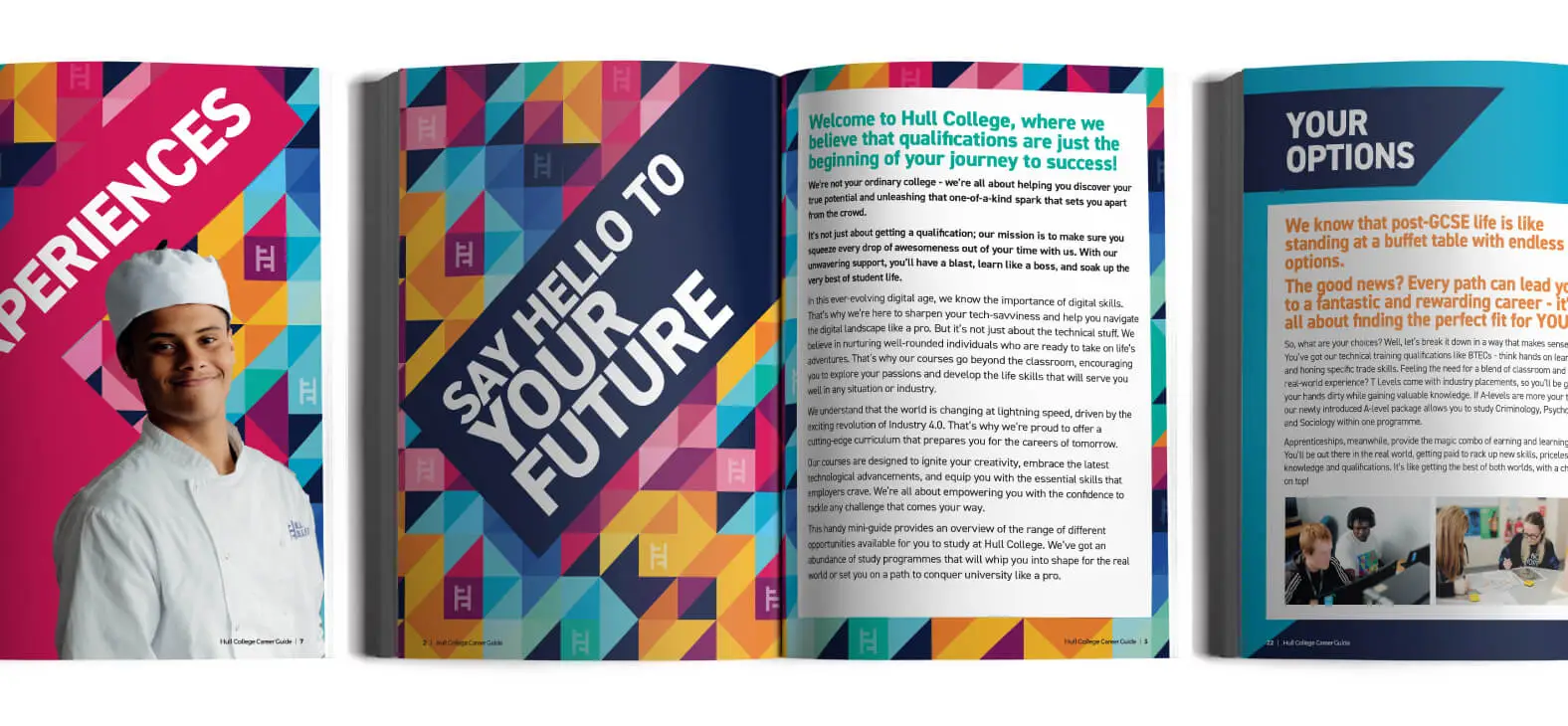 A brochure showcasing Hull College's course guides with a colorful design and a picture of a Hospitality student.