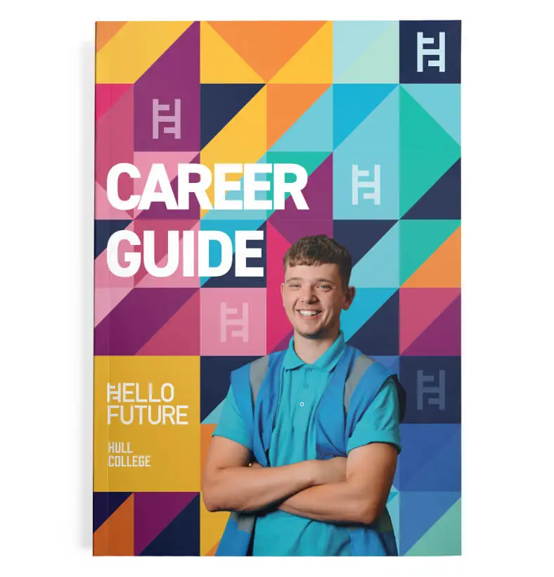 A career guide from Hull College with a young man standing in front of a colorful background.