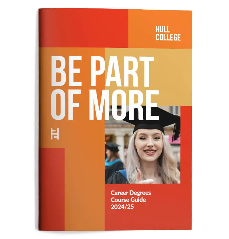 Hull College higher education course guide cover featuring a graduating student.