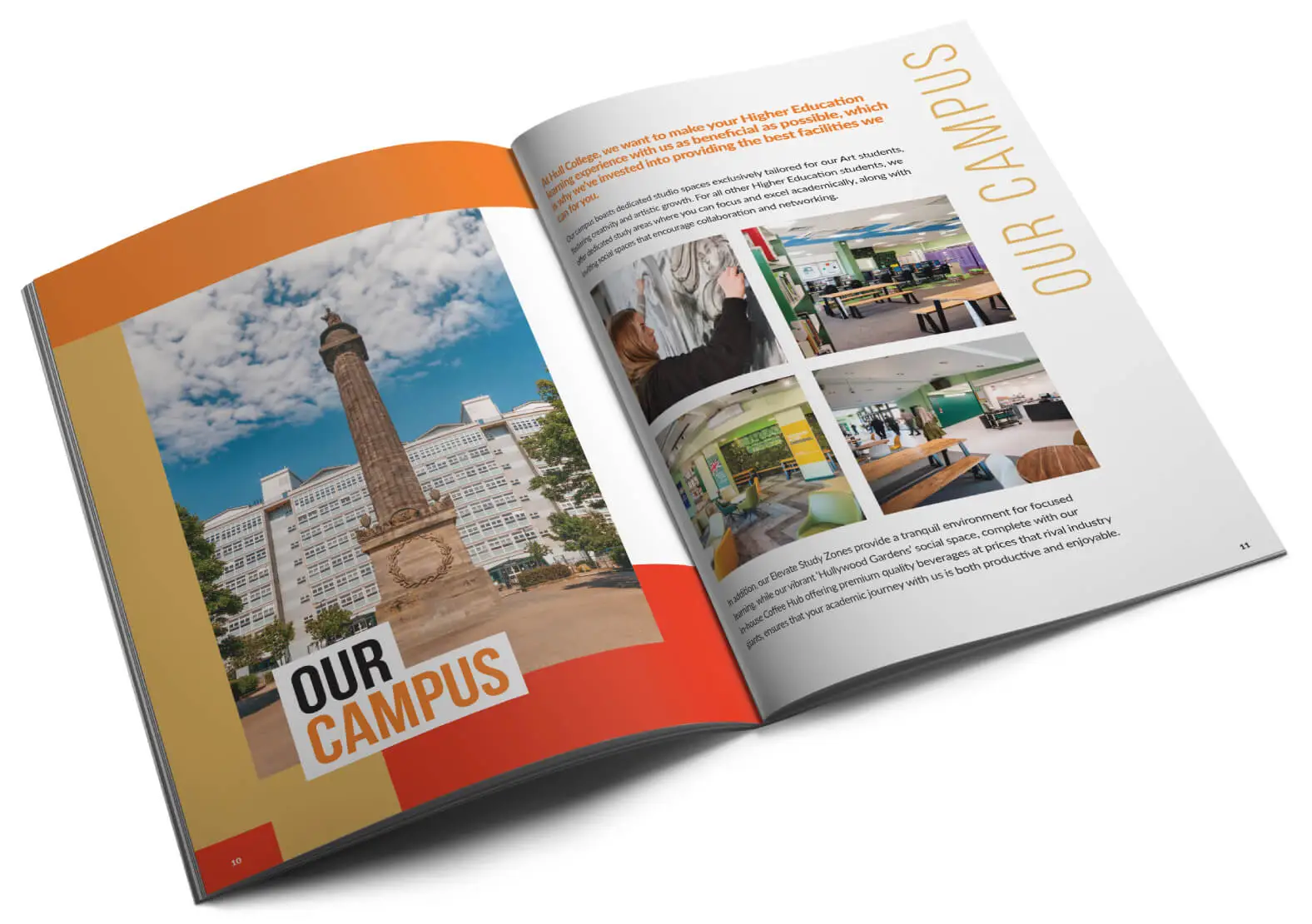 A brochure featuring a picture of a building and a clock, showcasing Hull College's higher education courses.